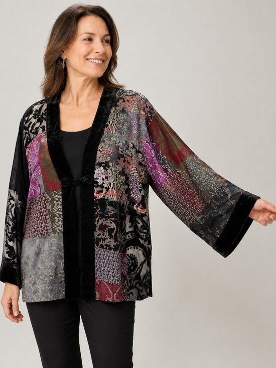 Chico's Sweaters - VTG Chico's Burnout Velvet Velour Silk Blend Patchwork Kimono Jacket (Size 3)